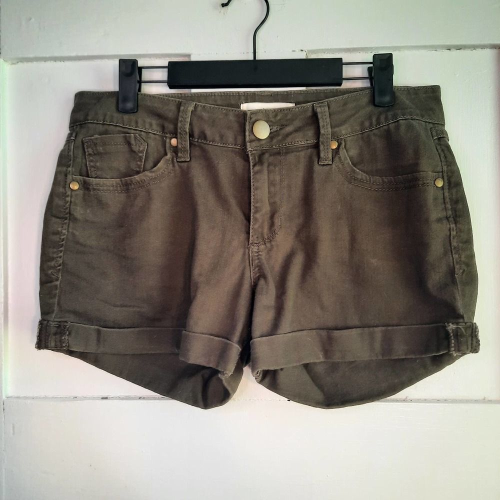 2.1 DENIM Army Green Weathered/Faded Cuffed Short Shorts sz28